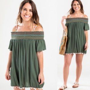Francesca’s Olive Boho Claire Smocked Pom Pom Beach Pool Cover Up Dress Shirt-M